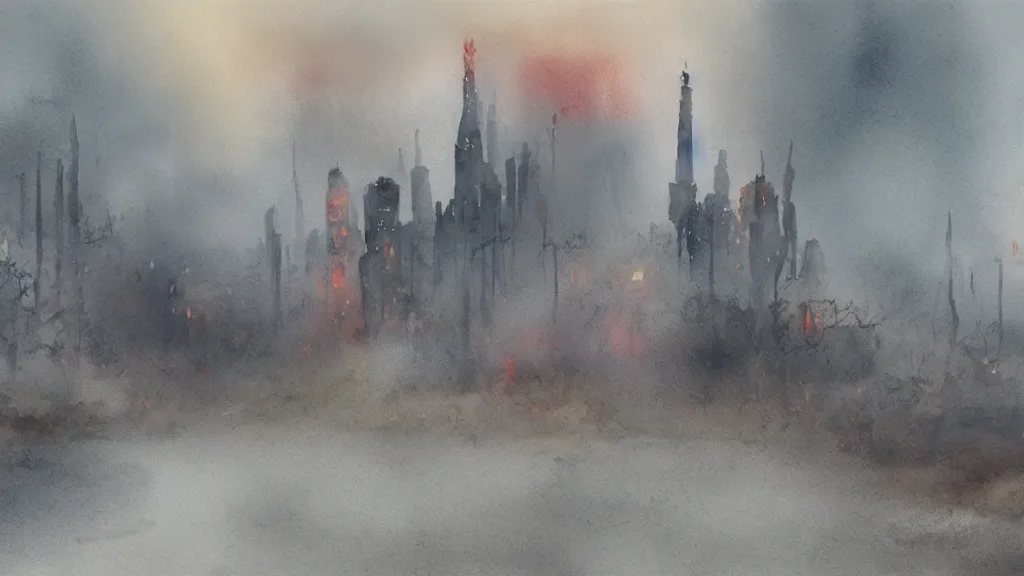 Image similar to a watercolor painting of an abandoned city in hell, scary, foggy, fantasy, smoke, fire, circular, digital art,