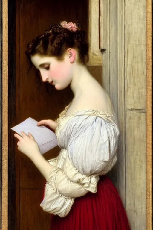 Prompt: girl sending a letter by auguste toulmouche by vittorio reggianini, pastoral, perfectly detailed eyes, beautiful hands, pale skin, blonde hair, leaning on door, dreamy fields, windy moors