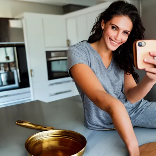 Image similar to a selfie portrait a brunette female, young, athletic, australian, wearing a gold tshirt in a kitchen