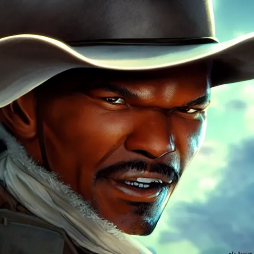 Image similar to old jamie foxx as a cowboy, single subject, scenic full shot, ambient lighting, detailed face, by makoto shinkai, stanley artgerm lau, wlop, rossdraws