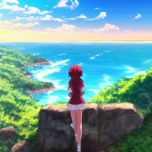 Image similar to An anime girl standing on a cliff, looking out at the ocean, Kyoto Animation Studio, hyper-realistic anime art style, contour shading