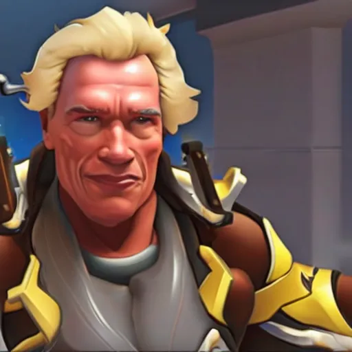 Image similar to a screenshot of arnold schwarzenegger as mercy in overwatch