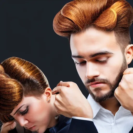 Prompt: tearful! professional millennial man with beehive women's hairstyle