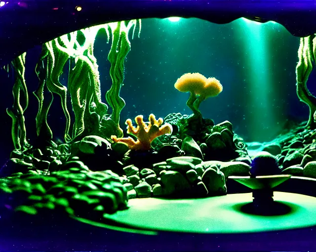 Prompt: low angle shot of a space port at night, aquatic plants, coral, shabby chic, cinematography by Jim Jarmusch, composition by Hale Woodruff,in the style of Nan Goldin, set design by Antonin Gaudí, 35mm, graflex, color film photography