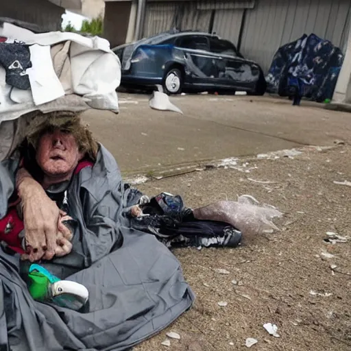 Image similar to homeless Donald Trump in a homeless camp, wearing cheap dirty clothes and maga hat, dirty Donald trump