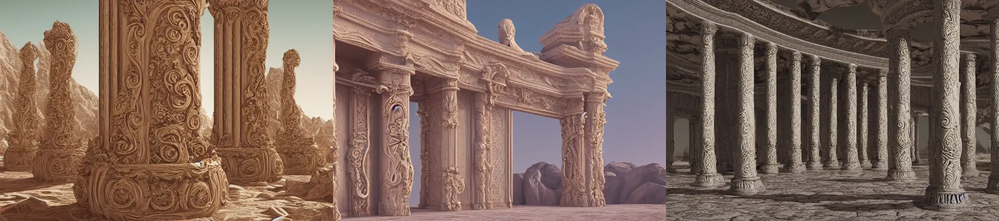 Prompt: beautiful baroque columns in the middle of a desert with intricate alien carvings, highly detailed octane render, photorealistic, behance and pinterest