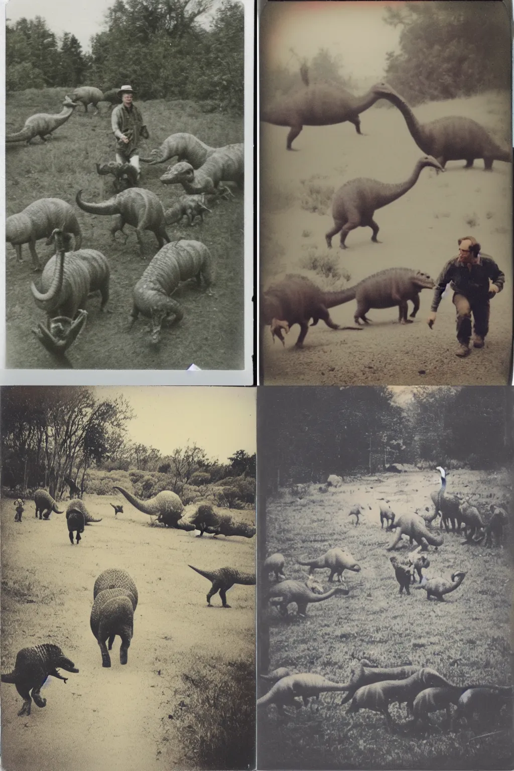 Prompt: A polaroid photo of a man chasing a herd of small dinosaurs