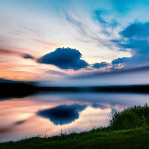 Image similar to A long exposure photograph of clouds streaking across the sky near a lake, reflections, highly detailed, wide angle, sunset
