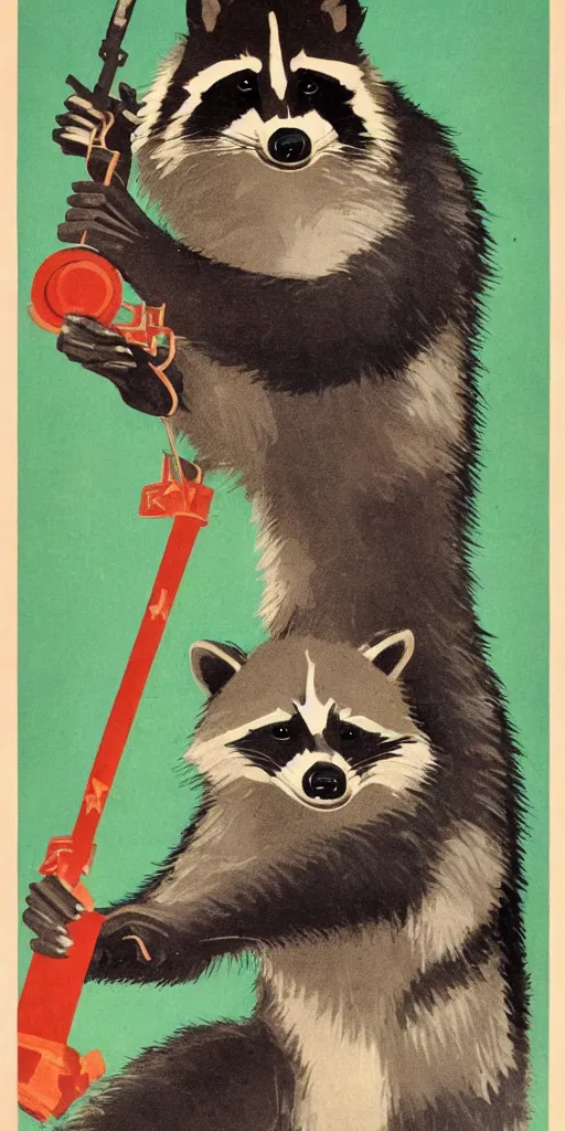 Image similar to a soviet propaganda poster with a smiling raccoon holding a jedi sword