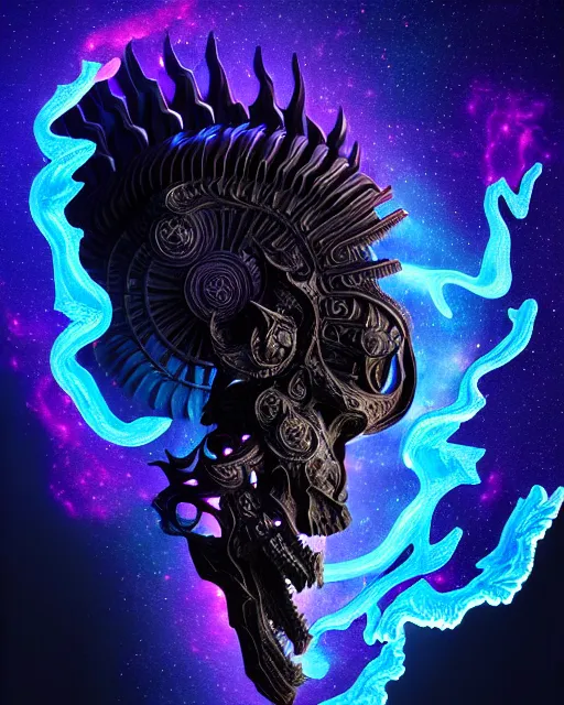 Image similar to 3 d ornate carved dark cosmic horse with profile portrait, sigma 5 0 0 mm f / 5. beautiful intricate highly detailed horse skull. bioluminescent, plasma, lava, ice, water, wind, creature, thunderstorm! artwork by tooth wu and wlop and beeple and greg rutkowski, 8 k trending on artstation