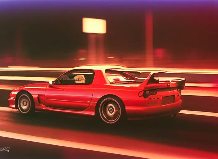 Image similar to fd rx - 7 1 9 9 9 candy - apple - red racing down highway, night - time, japan film photo motion blur front side view ( ( ( ( wadim kashin wenjun lin ) ) ) )