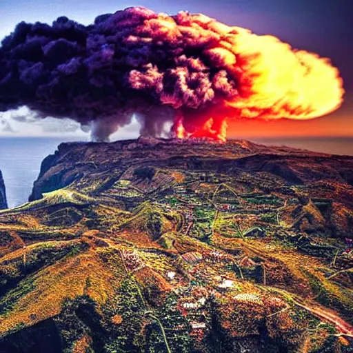 Image similar to madeira island nuked by a nuclear bomb, cloud shroom, cinematic shot, realistic, hdr, color, wide shot