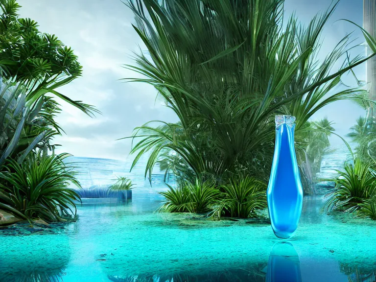 Prompt: perfume bottle standing in a desert oasis in deep blue pond water surrounded by tropical flora by zaha hadid ; octane highly render, 4 k, ultra hd, 2 0 0 mm, mute dramatic colours, soft blur outdoor stormy sea background, volumetric lighting