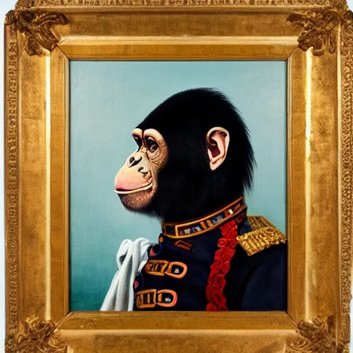 Image similar to An exquisite modern painting of a chimpanzee dressed like a bearded Napoleon with correct military uniform, no frames