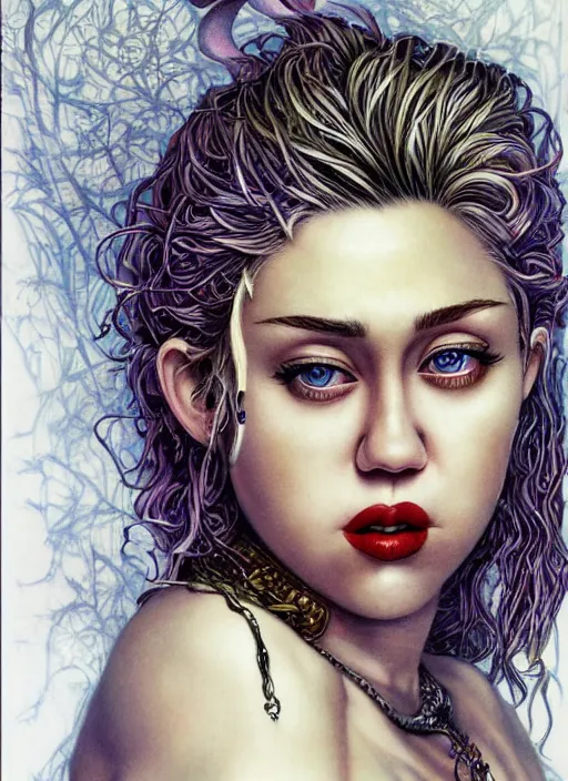 Prompt: realistic detailed painting of Miley Cyrus by yoshitaka amano and rebecca guay and Moebius, Neo-Gothic, Dark Fantasy, rich deep colors