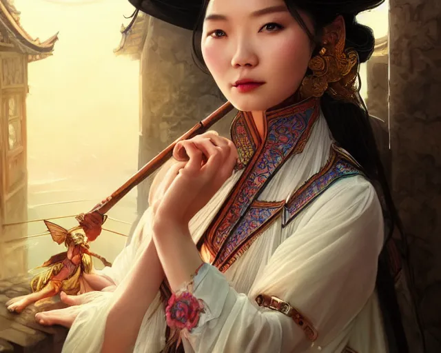 Image similar to photography of hong kong actress barbara yung dressed as dongfang bubai, deep focus, d & d, fantasy, intricate, elegant, highly detailed, digital painting, artstation, concept art, matte, sharp focus, illustration, hearthstone, art by artgerm and greg rutkowski and alphonse mucha