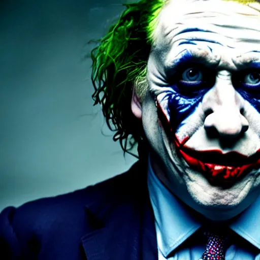 Image similar to uhd photorealisitc candid photo of boris johnson as the joker. correct makeup. correct face, accurate face. photo by annie leibowitz and steve mccurry