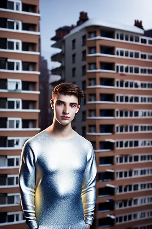 Image similar to un ultra high definition studio quality photographic art portrait of a young man standing on the rooftop of a british apartment building wearing soft padded silver pearlescent clothing. three point light. extremely detailed. golden ratio, ray tracing, volumetric light, shallow depth of field. set dressed.