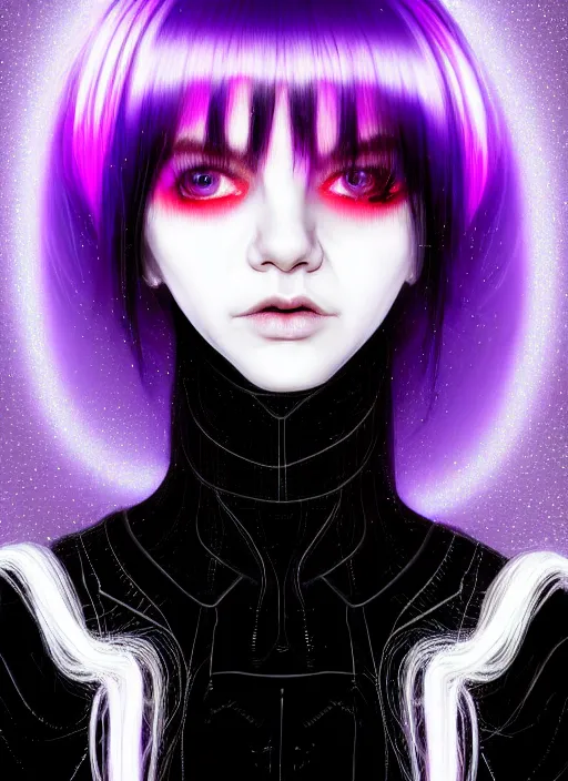 Image similar to hair whitebangs hair, black cyberlox, portrait of teenage girl with white bangs, whitebangsblackhair, messy bangs, cyberlox, whitebangs, red irises, purple clothes, intricate, elegant, glowing lights, highly detailed, digital painting, artstation, concept art, sharp focus, illustration, art by wlop, mars ravelo and greg rutkowski