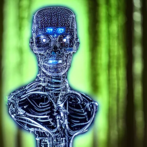 Image similar to extremely detailed portrait of a terminator's head, packed with cybernetics and and borg enhancements and has lit optic fibers inside. In a forest with bokeh. No plating.