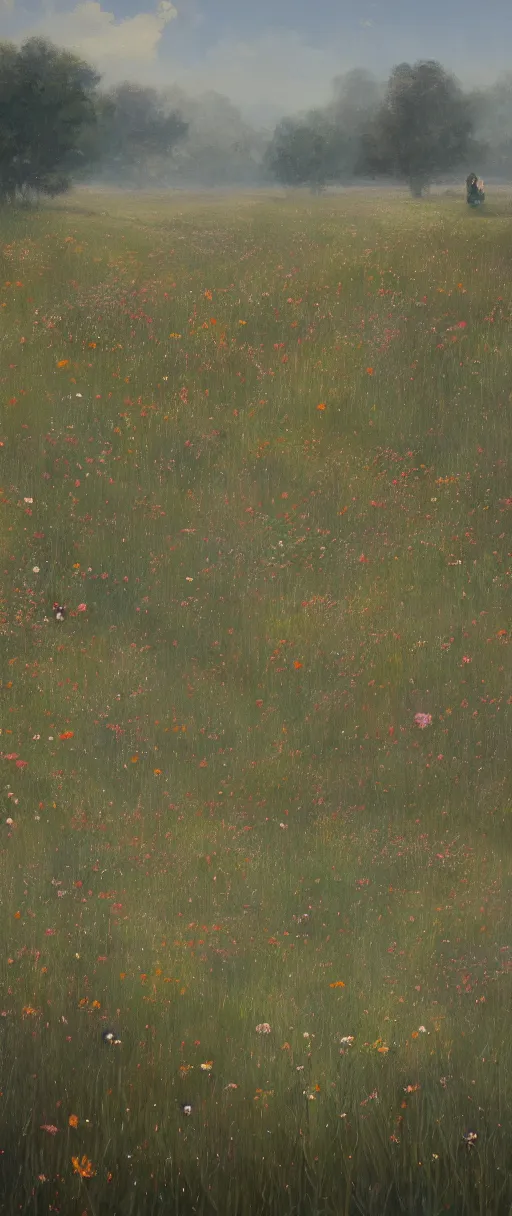 Prompt: A painting of a field of flowers trending on artstation in the style of Greg Rutkowski