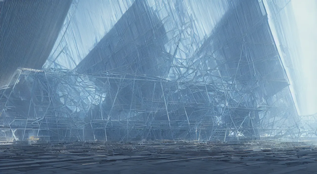 Image similar to ancient megastructure pyramid, parametric lattice structure by syd mead, photorealistic, zaha hadid, god rays, volumetric lighting, detailed, intricate, delicate, raytrace, octane, light fog, neon, bladerunner