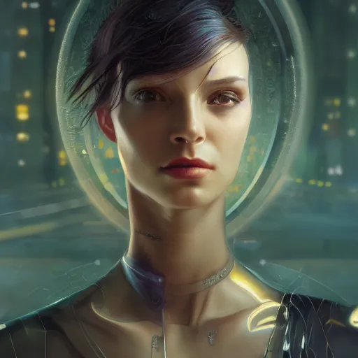 Prompt: cyberpunk woman dreaming in vr, scifi, illustration, slender symmetrical face and body, artstation, cinematic lighting, hyperdetailed, cgsociety, 8 k, high resolution, inpirate by charlie bowater, tom bagshaw, insanely detailed and intricate, beautiful, elegant, golden ratio, dark fractal background, vfx, art deco, postprocessing