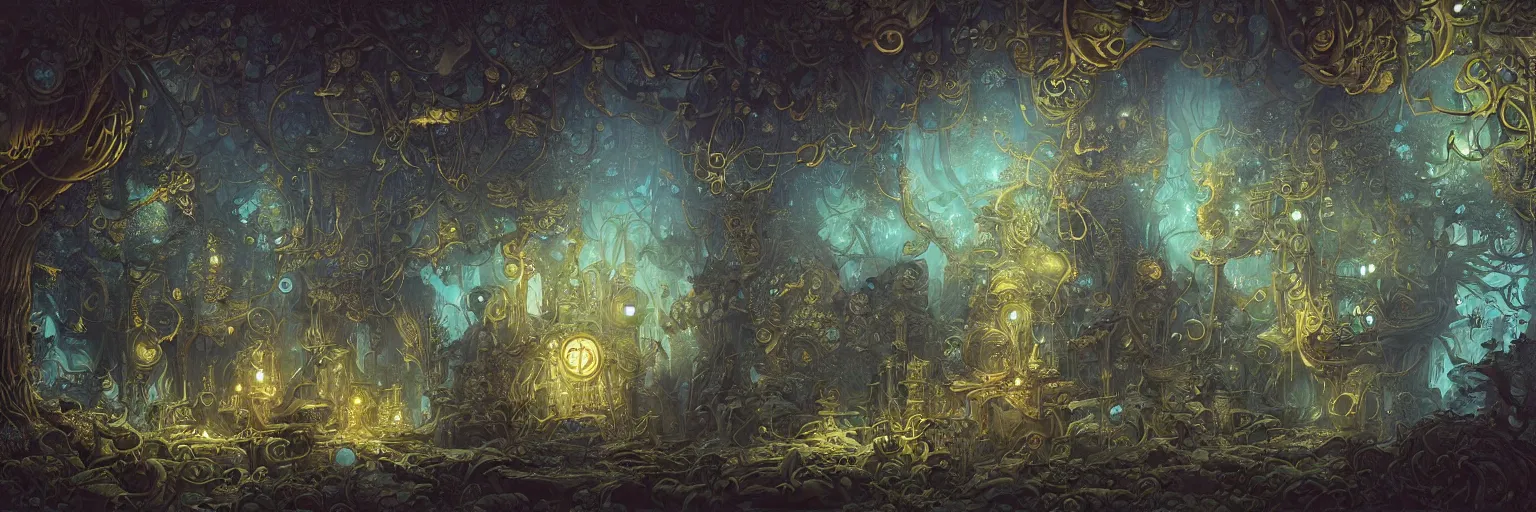 Image similar to Marc Simonetti, Mike Mignola, smooth liquid metal with detailed line work, Mandelbrot flowers and trees, Exquisite detail, blue neon details, hyper detailed, intricate charcoal illustration, golden ratio, steampunk, smoke, neon lights, steampunk forest background, liquid polished metal, by peter mohrbacher