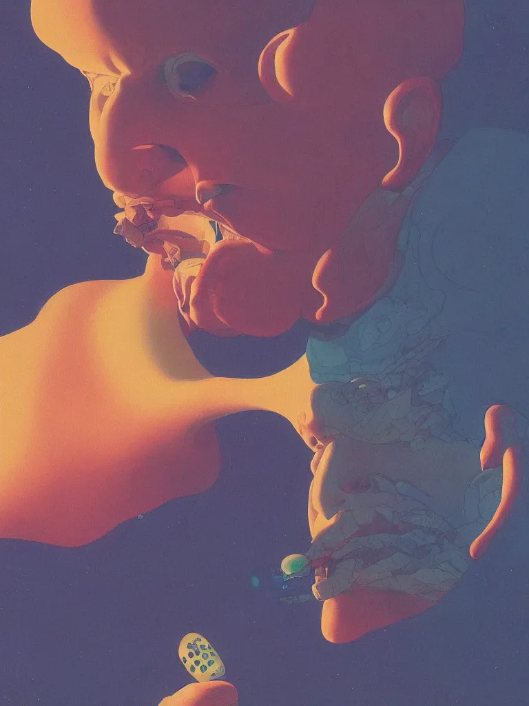 Image similar to a scifi closeup portrait of a young british man licking a blotter paper of LSD acid on his tongue and dreaming psychedelic hallucinations in cosmos, by kawase hasui, moebius, Edward Hopper and James Gilleard, Zdzislaw Beksinski, Steven Outram colorful flat surreal design, hd, 8k, artstation