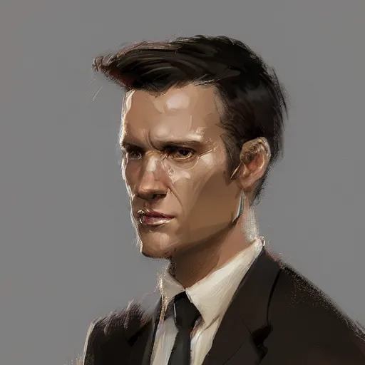 Image similar to Portrait of a man by Greg Rutkowski, he is about 40 years old, mixture between russian and irish, coiffed brown hair, attractive, extremely pale white skin, smart looking, he is wearing a black futuristic lawyer outfit, highly detailed portrait, scifi, digital painting, artstation, concept art, smooth, sharp foccus ilustration, Artstation HQ