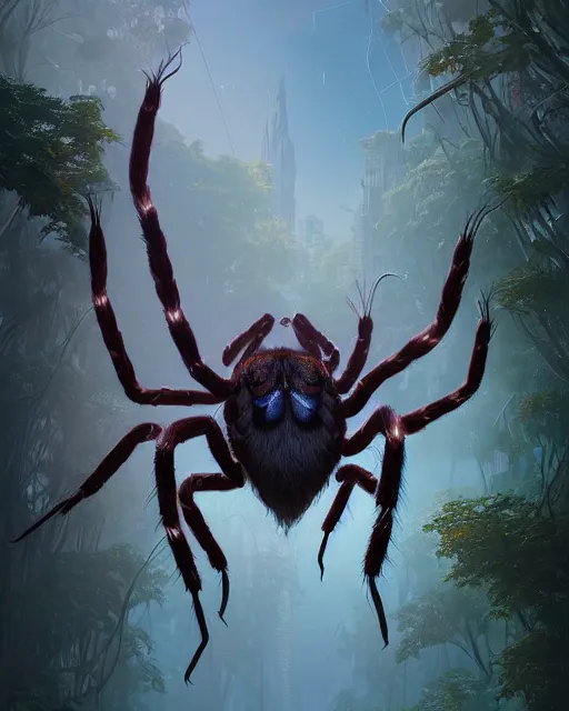 Image similar to highly detailed surreal vfx portrait of a nowpunk spider kangaroo hybrid, stephen bliss, unreal engine, greg rutkowski, loish, rhads, beeple, makoto shinkai and lois van baarle, ilya kuvshinov, rossdraws, tom bagshaw, alphonse mucha, global illumination, detailed and intricate environment