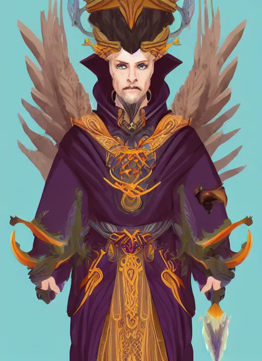 Image similar to male warlock with the head of a hawk, wind magic, blue robes, exquisite details, full body character design, white background, by studio muti