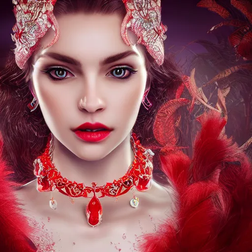 Image similar to wonderful princess with smooth fair skin, alluring eyes, red jewelry, breathtaking, elegant, intricate, hyper detailed, accent lighting, 4 k glamour photography, octane render