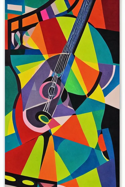 Image similar to guitar, notes, rainbow geometric architectures blend with organic shapes, abstract expressionism, geometric structures and multicolored prints in style of sonia delaunay, high detail, symmetry, poster