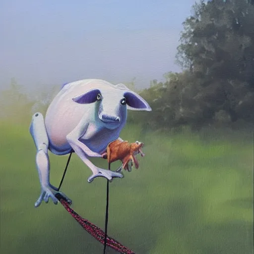 Prompt: a beautiful painting of singular frog graze a cow on a rope, trending on artstation