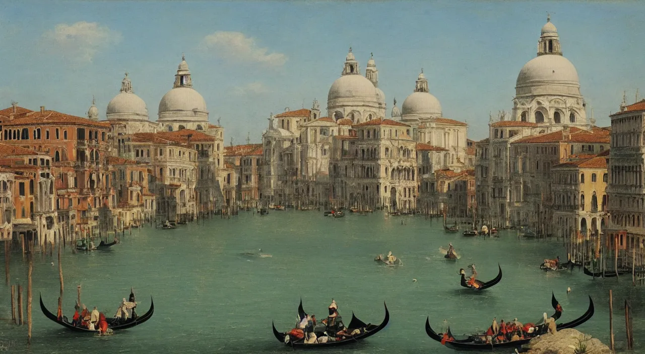 Prompt: a serene landscape of venice, green river, on the bank is the domed church, by joan marti aragones