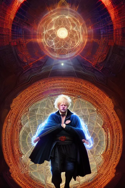 Image similar to Boris Johnson as Doctor Strange, portrait, Sanctum Sanctorum, highly detailed, digital painting, artstation, concept art, smooth, sharp focus, illustration, cinematic lighting, art by artgerm and greg rutkowski and alphonse mucha