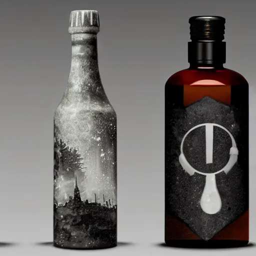 Image similar to Two magical bottles, the left bottle is filled with a fantasy world, the right bottle is filled with a cyberpunk world