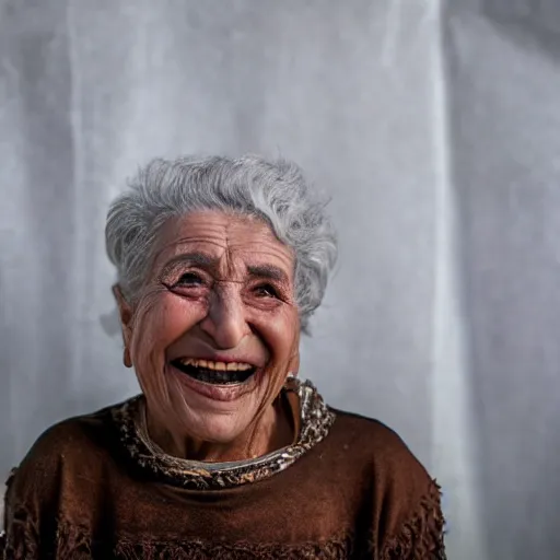 Prompt: dramatic film still portrait of 80 year old Mediterranean skinned woman in ancient Canaanite clothing laughing, embarrassed, surprised, ancient interior tent background, Biblical epic directed by Steven Spielberg