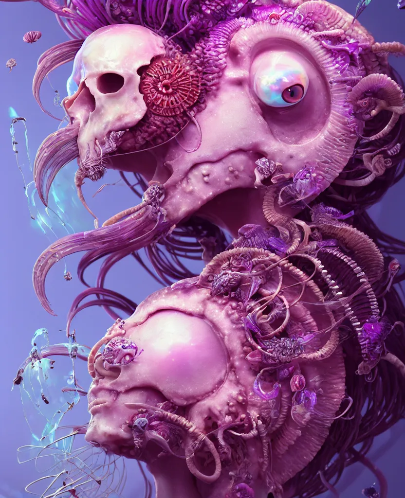 Image similar to goddess princess face close-up portrait ram skull. jellyfish phoenix head, nautilus, orchid, skull, betta fish, bioluminiscent creatures, intricate artwork by Tooth Wu and wlop and beeple. octane render, trending on artstation, greg rutkowski very coherent symmetrical artwork. cinematic, hyper realism, high detail, octane render, 8k