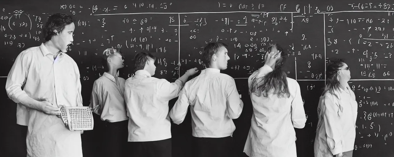 Image similar to mathematicians standing around a chalkboard with spaghetti, attempting to solve an algorithm, based on spaghetti, detailed facial expression, canon 5 0 mm, cinematic lighting, photography, retro, film, kodachrome