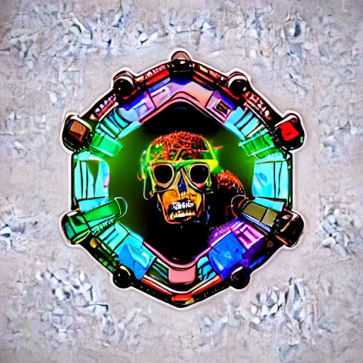 Image similar to sticker of a rock band, name is tripmachine, on the sticker is a 3 d render of a huge futuristic steampunk generator, 8 k, fluorescent colors, halluzinogenic, multicolored, exaggerated detailed, silk screen art