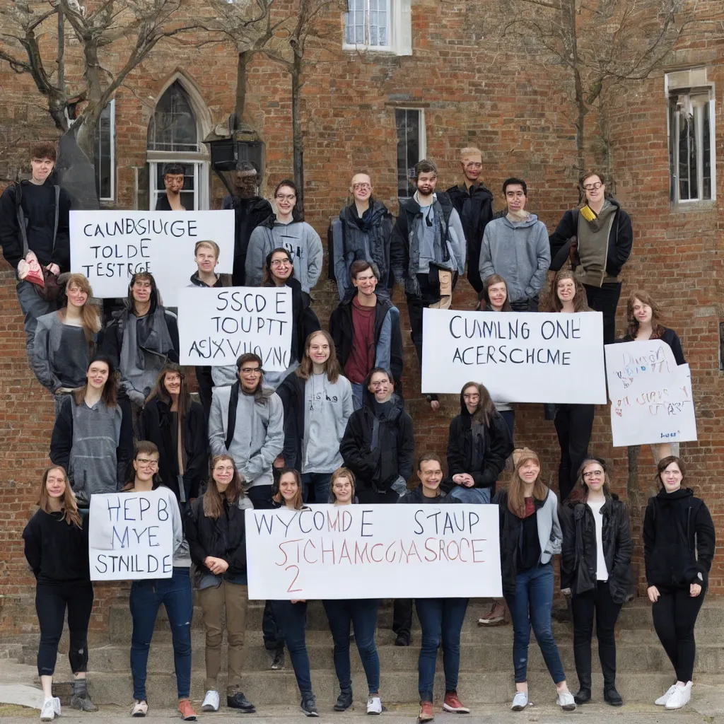 Prompt: a group of diverse students stand in front of the Cambridge architecture studio, holding a sign with the words ARCSOC 2022–23