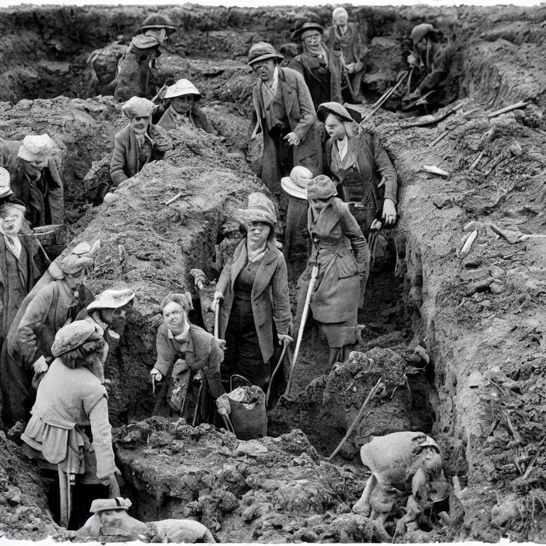 Image similar to human archaeologists with badger's faces in the style of beatrix potter, in 1940s suits digging at the sutton hoo ship burial, rendered as a black & white photo