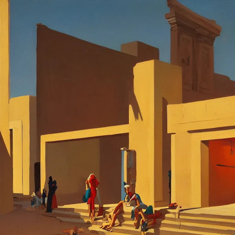 Prompt: apple store opening in ancient Egypt for the pharaoh, painted by Edward Hopper, painted by James Gilleard, airbrush