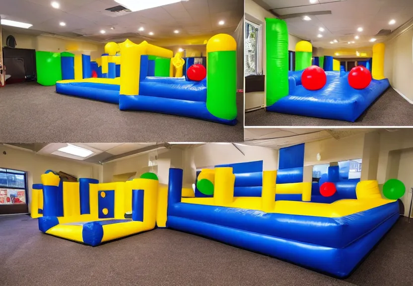 Image similar to A bouncy house with a ball pit and a large black trampoline next to it inside a big empty room with light coming through windows