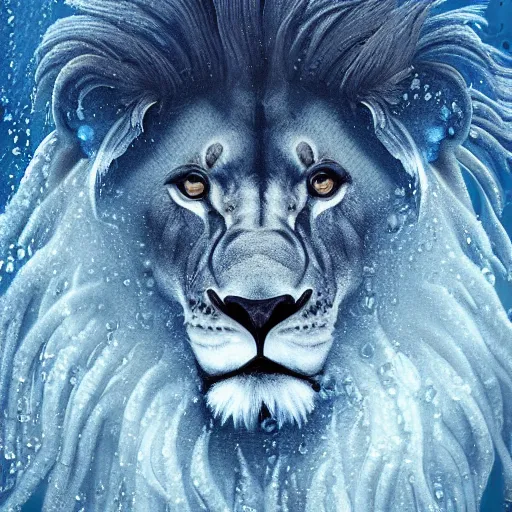 Image similar to a male lion's face breaching through a wall of water, headshot, water sprites, splashing, deep blue ocean, highly detailed, realistic digital art, trending on artstation