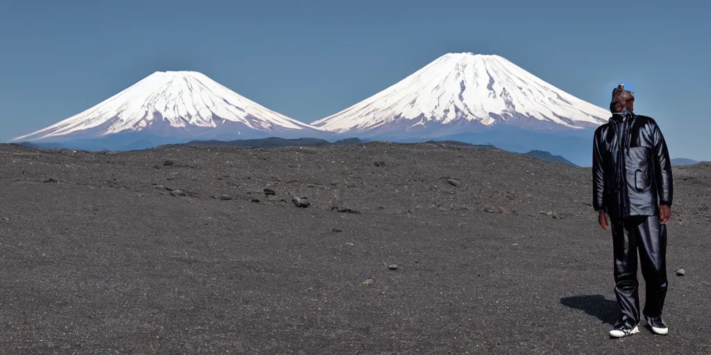 Image similar to old black man, silver metallic moncler jacket, mt fuji in background,