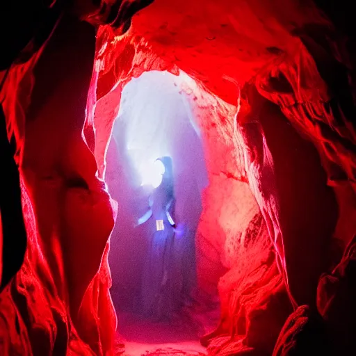 Prompt: style of Henry Peach Robinson and Charlie Bowman, The interior of an cave lit in red, symmetrical detailed woman Stella Maeve who is screaming scared face, symmetrical eyes symmetrical face, blue neon light coming from the back of the cavern, mysterious atmosphere