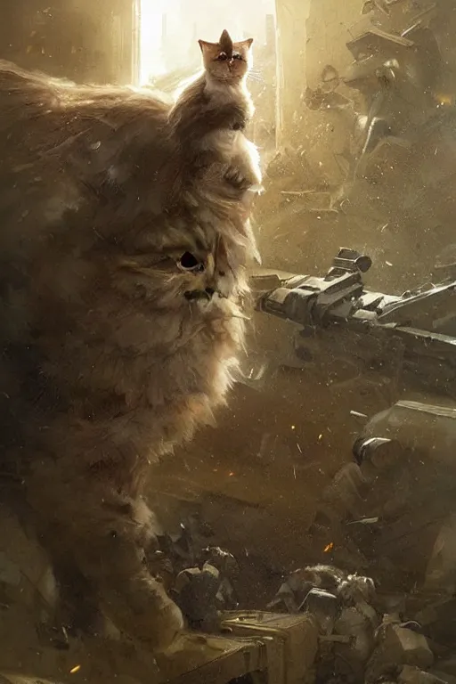 Image similar to a female sodier with a head of a british longhair cat in the war, epic scene, by greg rutkowski